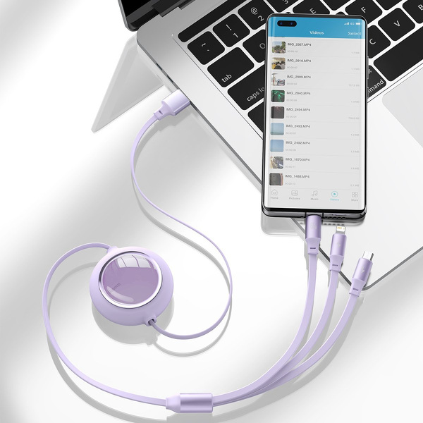 Zdjęcie produktu: Kabel przewód USB zwijany Baseus Bright Mirror 3w1 Lightning / USB TYP-C / microUSB, 66W 1,2m - fioletowy (CAMLC-MJ05) Zdjęcie produktu: Kabel przewód USB zwijany Baseus Bright Mirror 3w1 Lightning / USB TYP-C / microUSB, 66W 1,2m - fioletowy (CAMLC-MJ05)