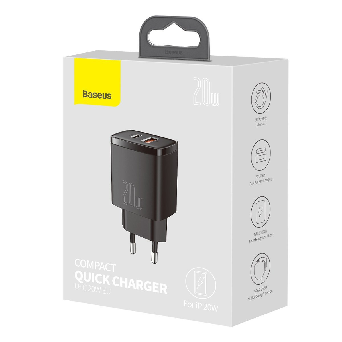Ładowarka sieciowa Baseus Compact Quick Charger 3.0, 1x USB, 1x USB TYP-C PD 20W - czarna (CCXJ-B01)
