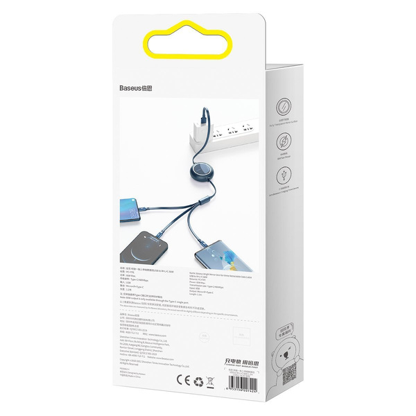 Zdjęcie produktu: Kabel przewód USB zwijany Baseus Bright Mirror 3w1 Lightning / USB TYP-C / microUSB, 66W 1,2m - niebieski (CAMLC-MJ03)
