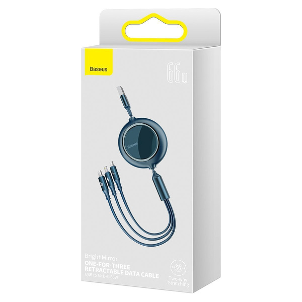 Zdjęcie produktu: Kabel przewód USB zwijany Baseus Bright Mirror 3w1 Lightning / USB TYP-C / microUSB, 66W 1,2m - niebieski (CAMLC-MJ03)