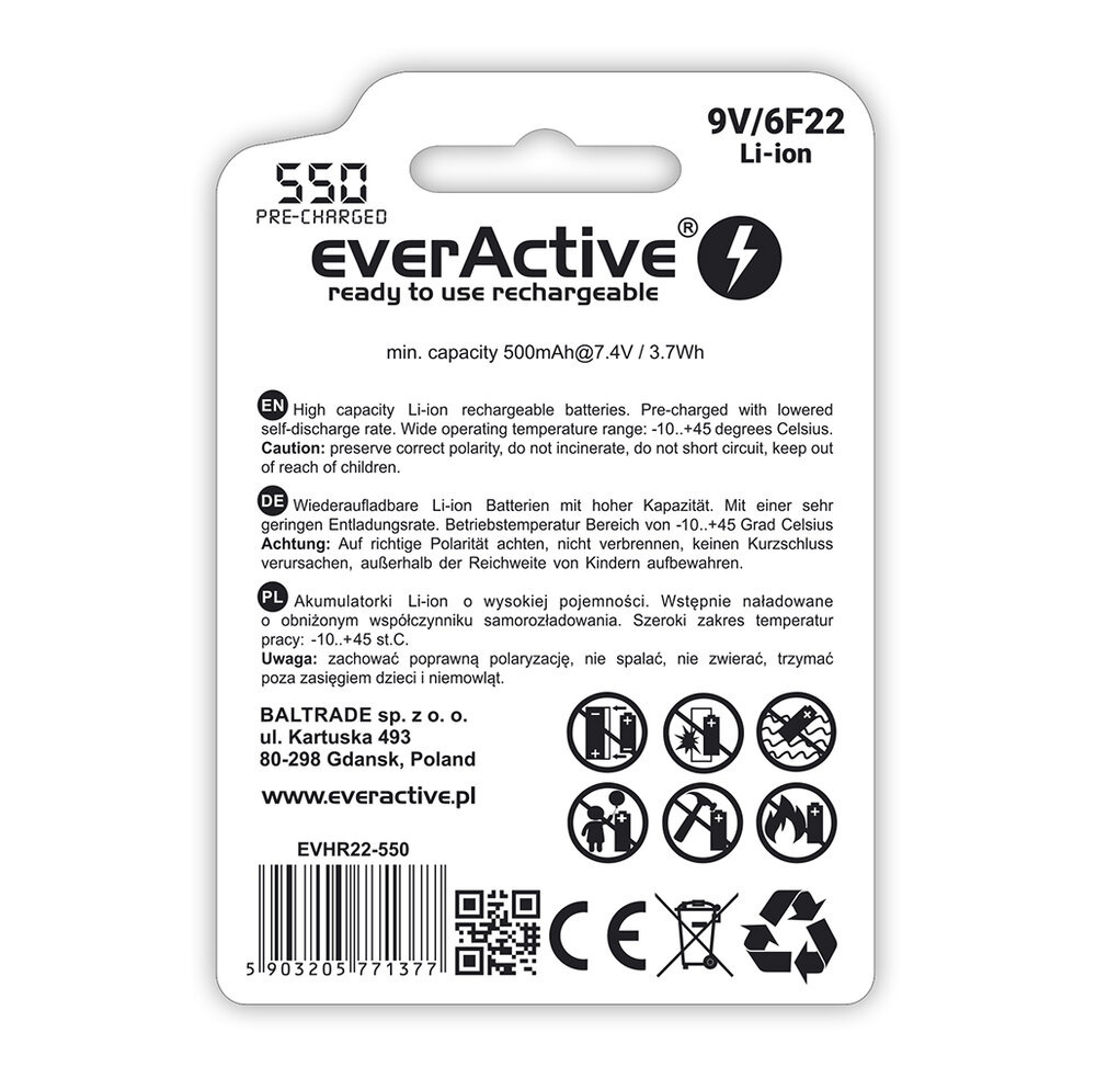 everActive 6F22/9V Li-ion 550 mAh - opak. 1 akumulatorek - blister (EVHR22-550)