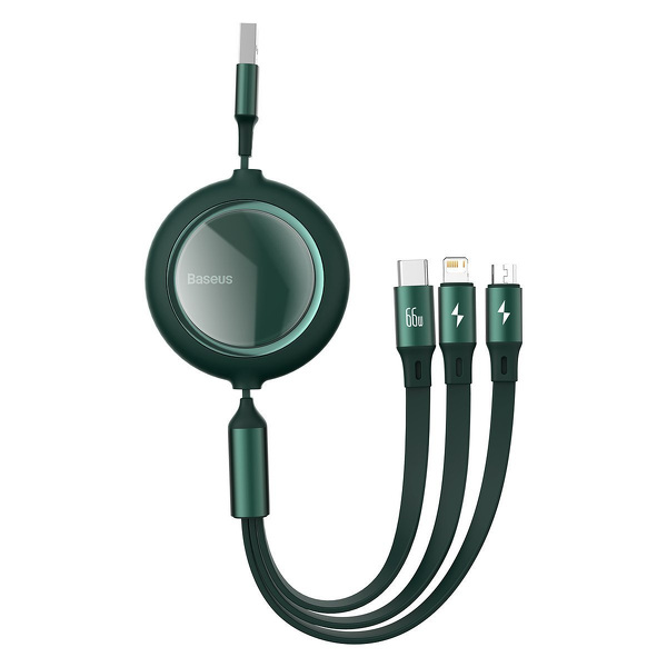 Zdjęcie produktu: Kabel przewód USB zwijany Baseus Bright Mirror 3w1 Lightning / USB TYP-C / microUSB, 66W 1,2m - zielony (CAMLC-MJ06)