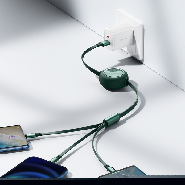 Zdjęcie produktu: Kabel przewód USB zwijany Baseus Bright Mirror 3w1 Lightning / USB TYP-C / microUSB, 66W 1,2m - zielony (CAMLC-MJ06)