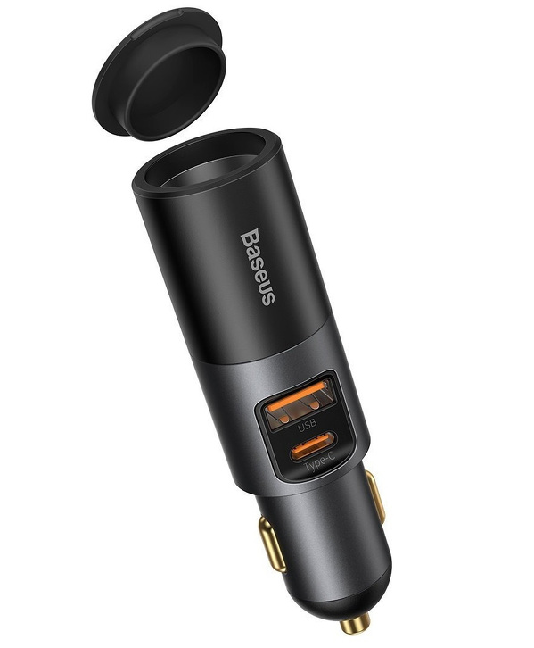 Zdjęcie produktu: Ładowarka samochodowa Baseus Share Together Fast z gniazdem zapalniczki, USB + USB TYP-C, 120W - szara (CCBT-C0G)