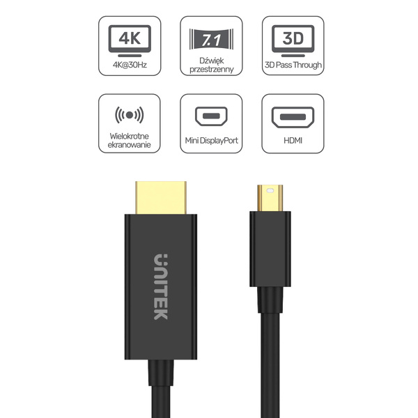 Zdjęcie produktu: Przewód miniDisplayPort - HDMI 4K 30Hz Unitek 2m (V1152A) Zdjęcie produktu: Przewód miniDisplayPort - HDMI 4K 30Hz Unitek 2m (V1152A)