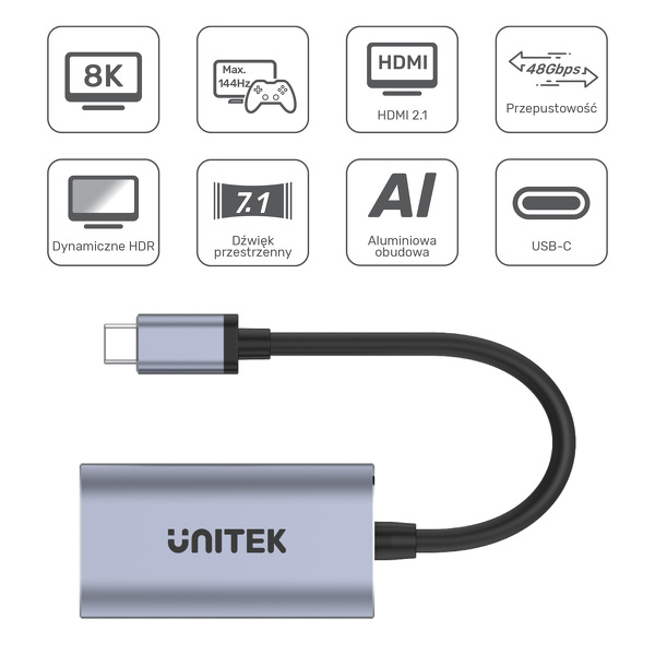 Zdjęcie produktu: Adapter USB TYP-C na HDMI 2.1 8K aluminiowy Unitek 15 cm (V1414A)