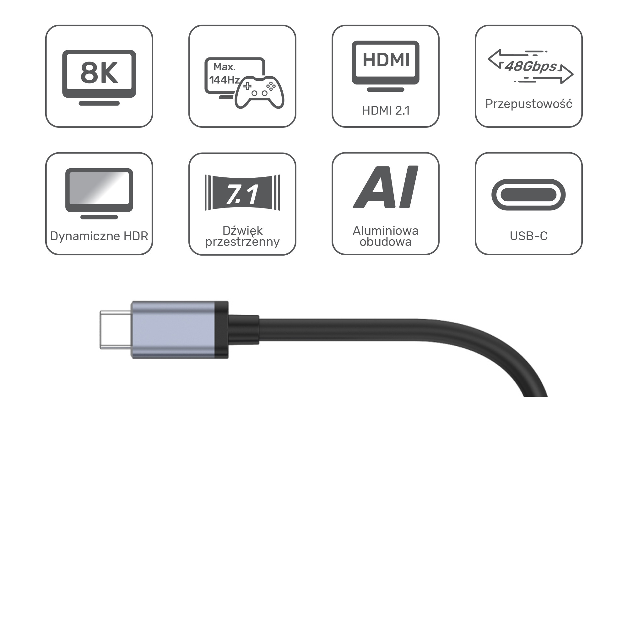 Adapter USB TYP-C na HDMI 2.1 8K aluminiowy Unitek 15 cm (V1414A)