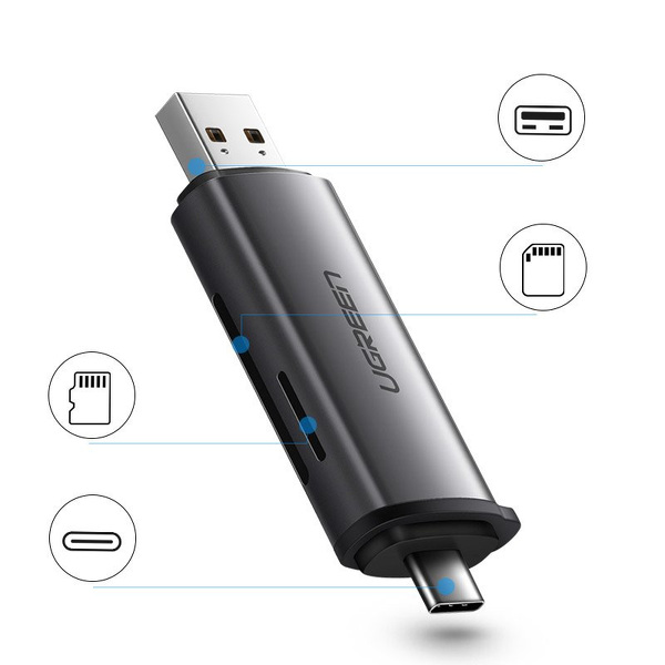 Zdjęcie produktu: Czytnik kart UGREEN SD / microSD na USB 3.0 / USB Typ C 3.0 szary (50706)