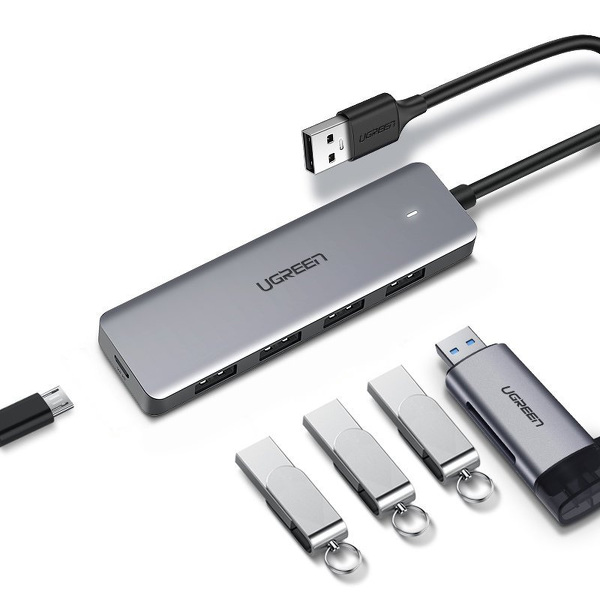 Zdjęcie produktu: Adapter 4w1 UGREEN Hub USB do 4x USB 3.0 + micro USB szary (50985)