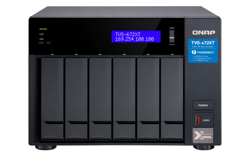 Serwer plików QNAP TVS-672XT-i5-8G 6-Bay, Intel Core i5-8400T 6-core 3.3 GHz, 8 GB RAM DDR4, 1x 10 GbE, 2x GbE, 2x M.2 2280 PCIe, 5x USB 3.2, HDMI 2.0, 2 xThunderbolt 3