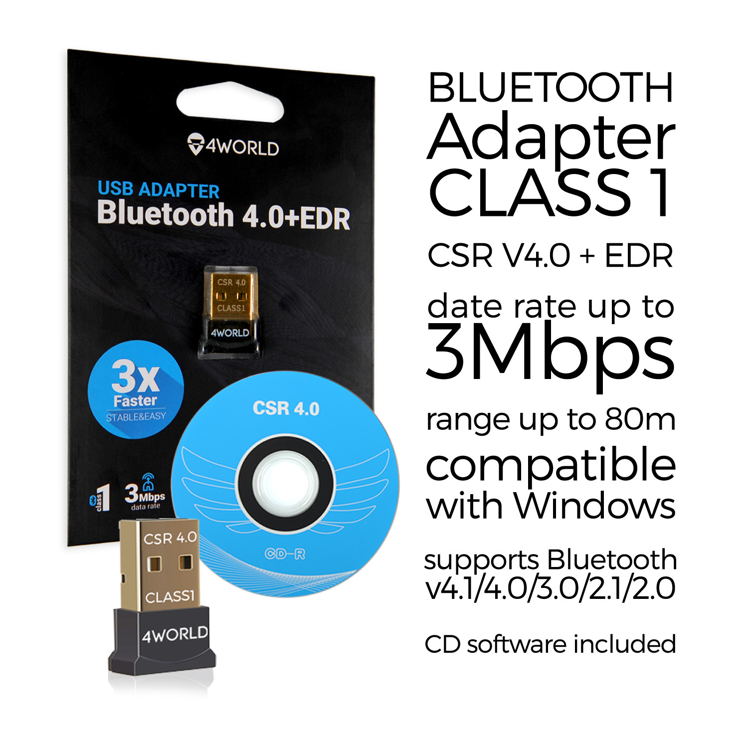 4World Super Szybki Adapter Odbiornik Bluetooth V4.0 Class 1 z EDR, CSR 8510, High Speed Dongle USB 4World Super Szybki Adapter Odbiornik Bluetooth V4.0 Class 1 z EDR, CSR 8510, High Speed Dongle USB