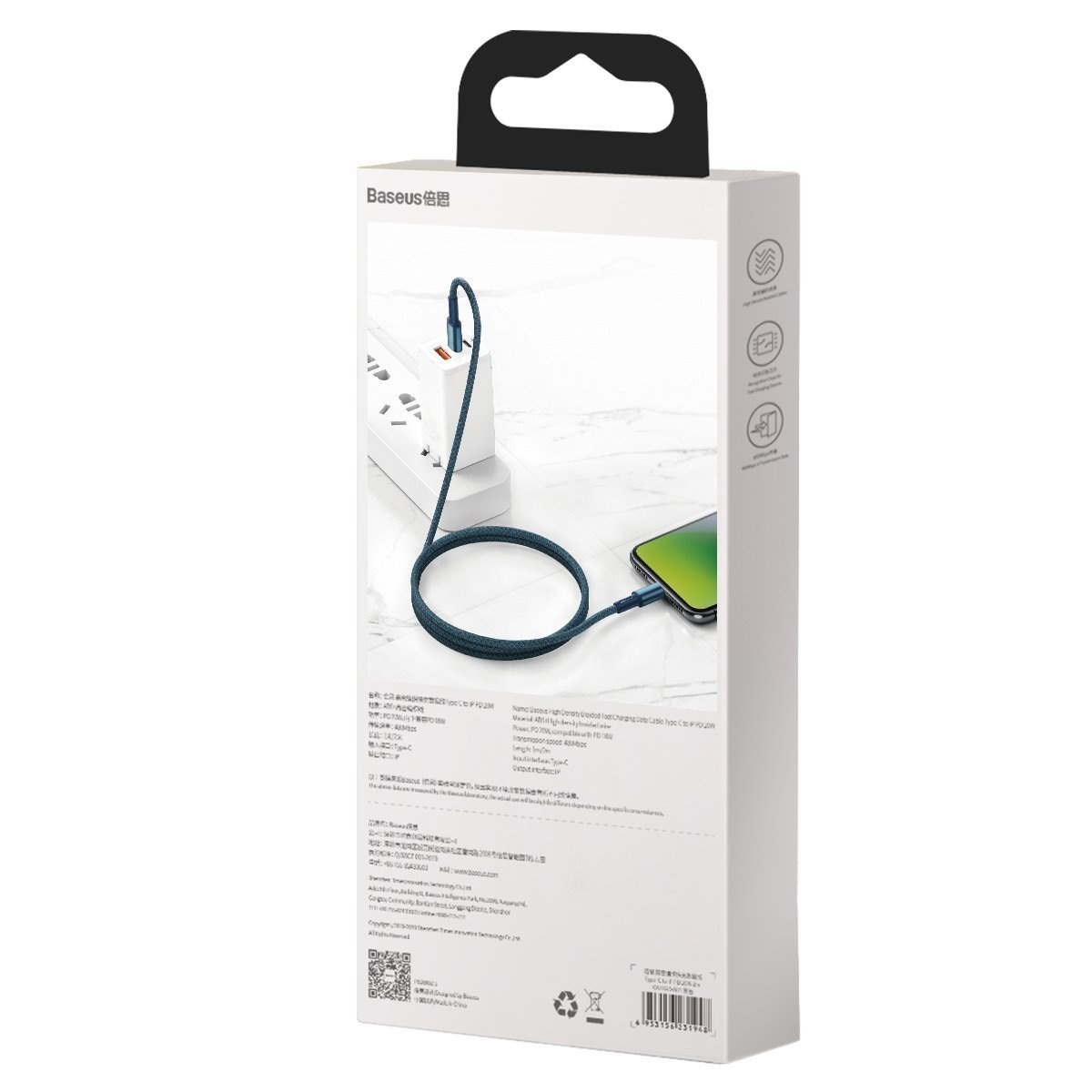 Kabel przewód USB TYP-C - Lightning / iPhone 100cm Baseus High Density Braided 20W, 5A, PD - niebieski (CATLGD-03)