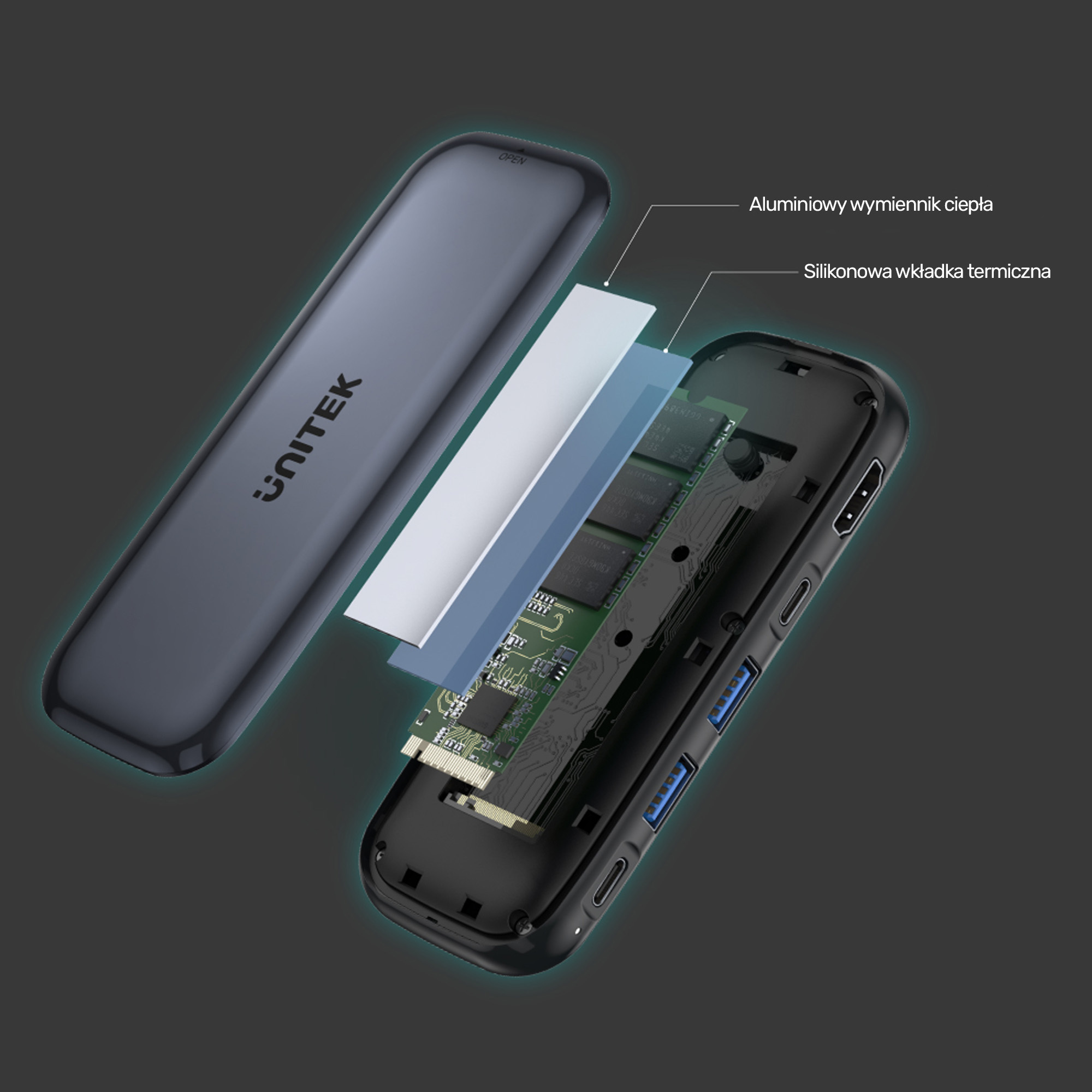 Obudowa zewnętrzna na dysk SSD M.2 (PCIe/NVMe) Unitek USB 3.1 Gen2 Typ-C + 2 x USB 3.1, USB TYP-C i PD, HDMI (D1046A)