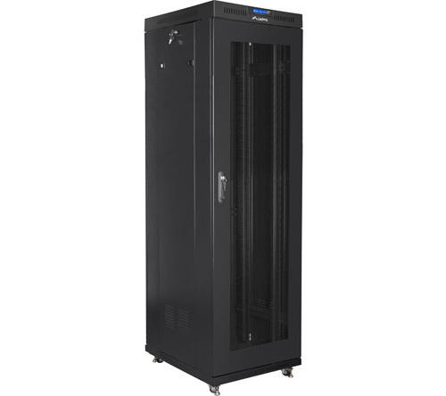 Szafa instalacyjna Rack stojąca 19" 42U 600X800 czarna drzwi perforowane LCD (Flat pack) Lanberg