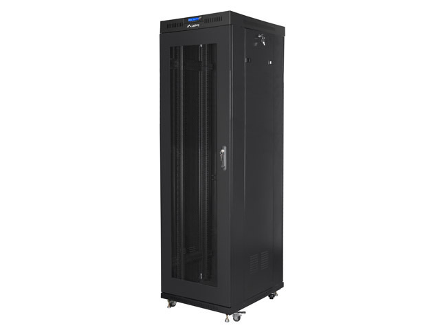 Szafa instalacyjna Rack stojąca 19" 42U 600X800 czarna drzwi perforowane LCD (Flat pack) Lanberg