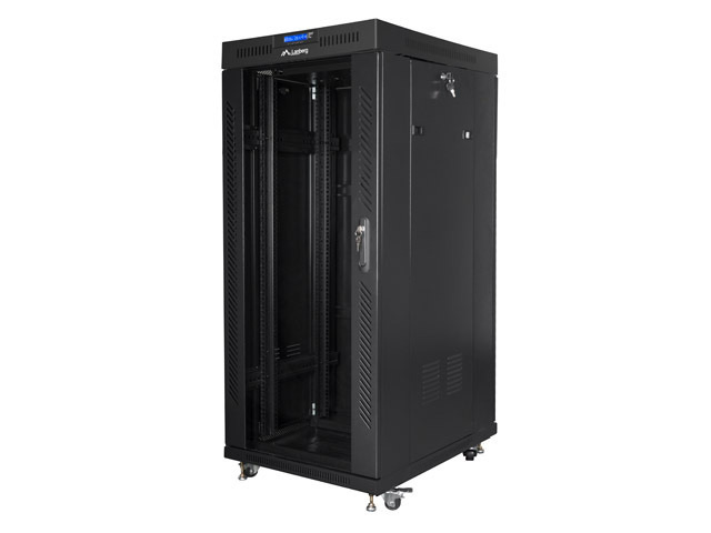 Szafa instalacyjna Rack stojąca 19" 27U 600X800 czarna szklane drzwi LCD (Flat pack) Lanberg