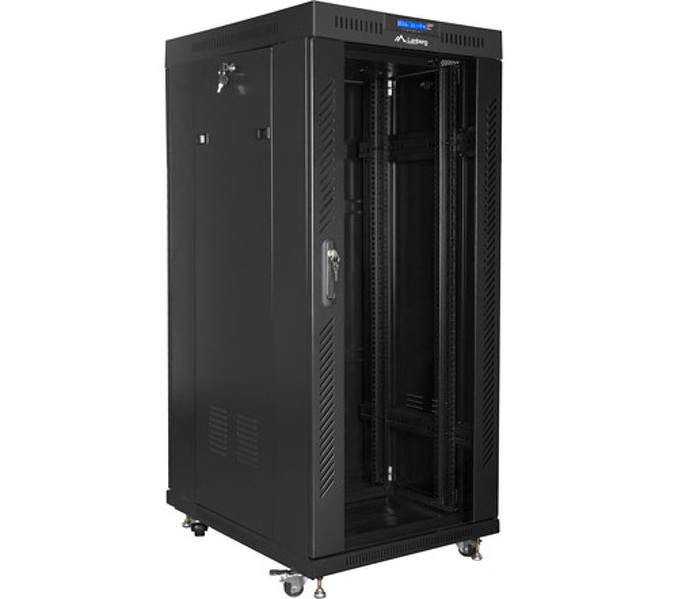 Zdjęcie produktu: Szafa instalacyjna Rack stojąca 19" 27U 600X800 czarna szklane drzwi LCD (Flat pack) Lanberg