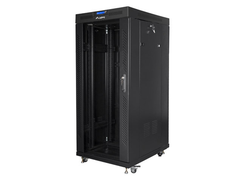 Zdjęcie produktu: Szafa instalacyjna Rack stojąca 19" 27U 600X800 czarna szklane drzwi LCD (Flat pack) Lanberg