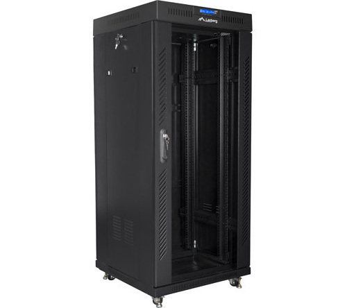 Szafa instalacyjna Rack stojąca 19" 27U 600X600 czarna szklane drzwi LCD (Flat pack) Lanberg