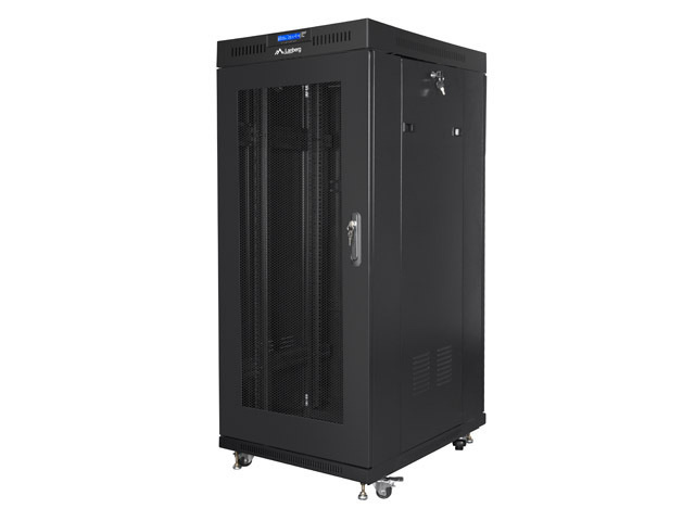 Szafa instalacyjna Rack stojąca 19" 27U 600X800 czarna perforowane drzwi LCD (Flat pack) Lanberg