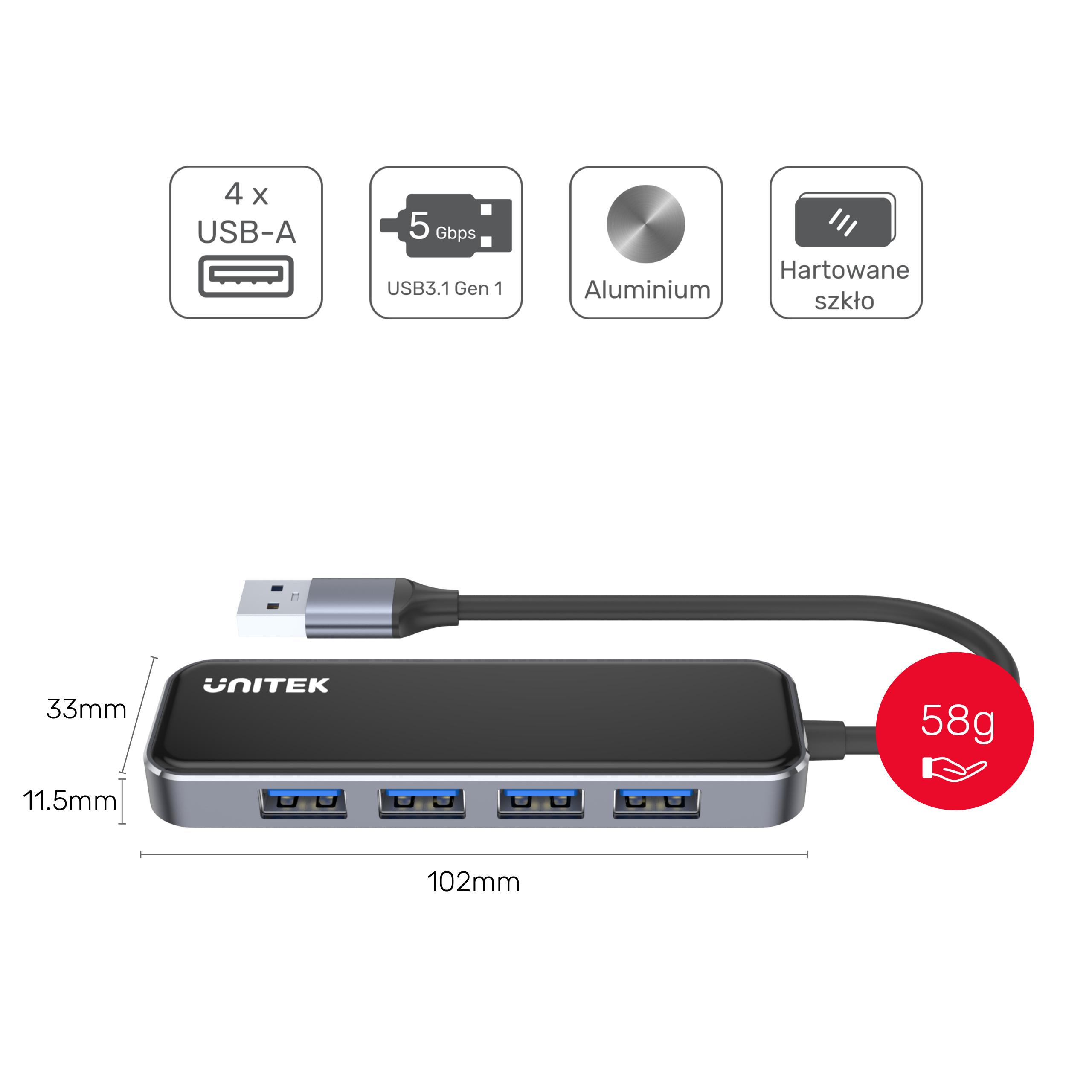 Unitek HUB 4 x USB A 3.1 Gen 1 - szklany (H1109A)