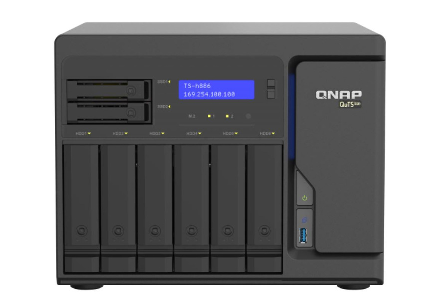 Zdjęcie produktu: Serwer plików QNAP TS-h886-D1622-16G rozbudowany do 64G 8-bay; Intel Xeon D-1622 dual-core 2.6 GHz /3.2 GHz; 64 GB UDIMM DDR4 ECC; 2 x M.2 22110/2280 NVMe; 4x 2,5 Gbe; 3x Port USB 3.2 Gen 1; 2x PCIe