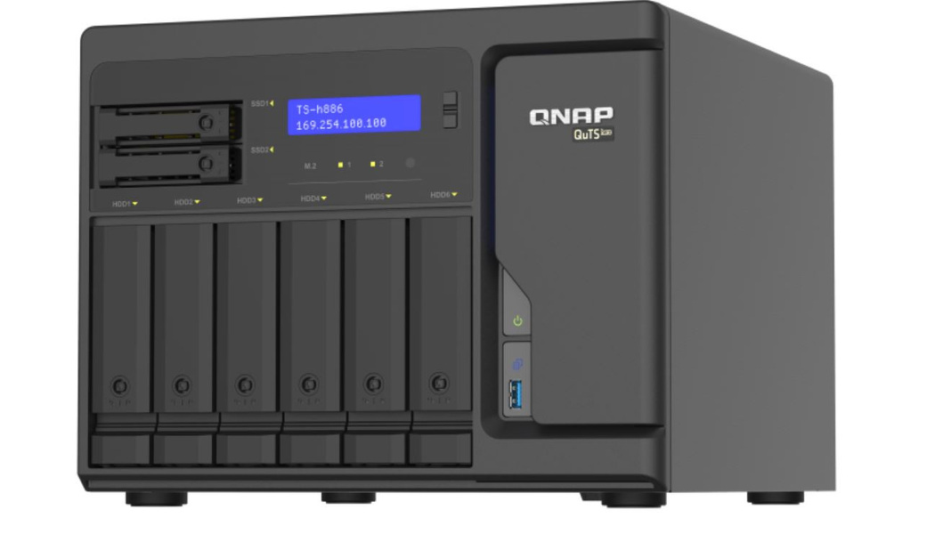 Zdjęcie produktu: Serwer plików QNAP TS-h886-D1622-16G rozbudowany do 64G 8-bay; Intel Xeon D-1622 dual-core 2.6 GHz /3.2 GHz; 64 GB UDIMM DDR4 ECC; 2 x M.2 22110/2280 NVMe; 4x 2,5 Gbe; 3x Port USB 3.2 Gen 1; 2x PCIe