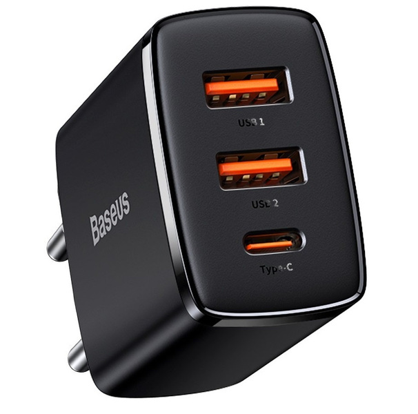 Zdjęcie produktu: Ładowarka sieciowa Baseus Compact Quick Charger, 2x USB, 1x USB TYP-C PD, 3A, 30W - czarna (CCXJ-E01)