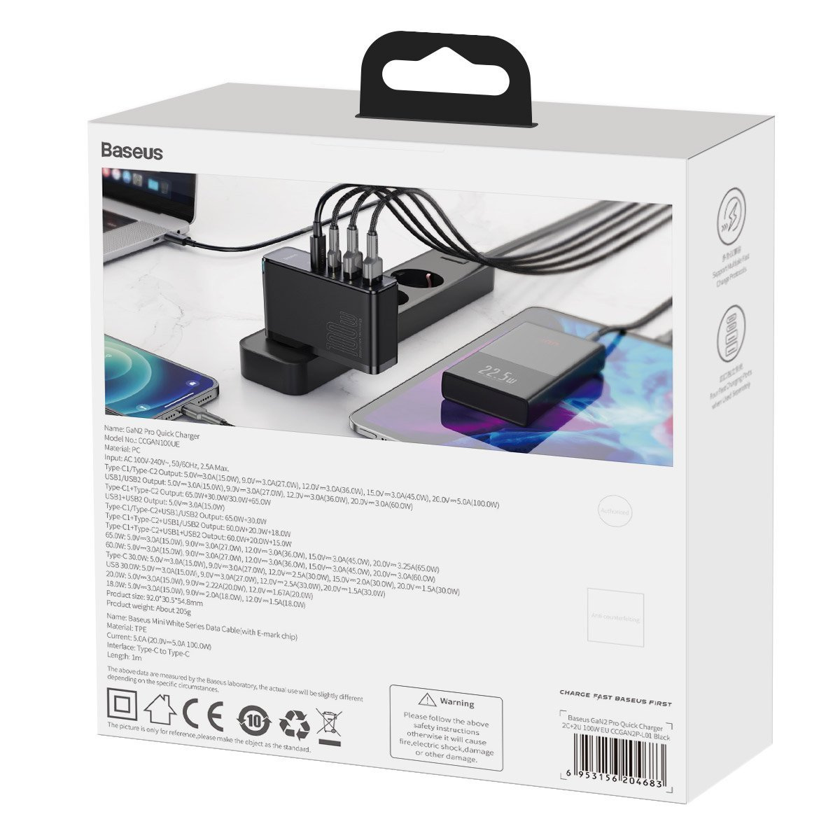 Ładowarka sieciowa Baseus GaN2 Pro 100W, 2x USB A + 2x USB Typ-C - czarna (CCGAN2P-L01)