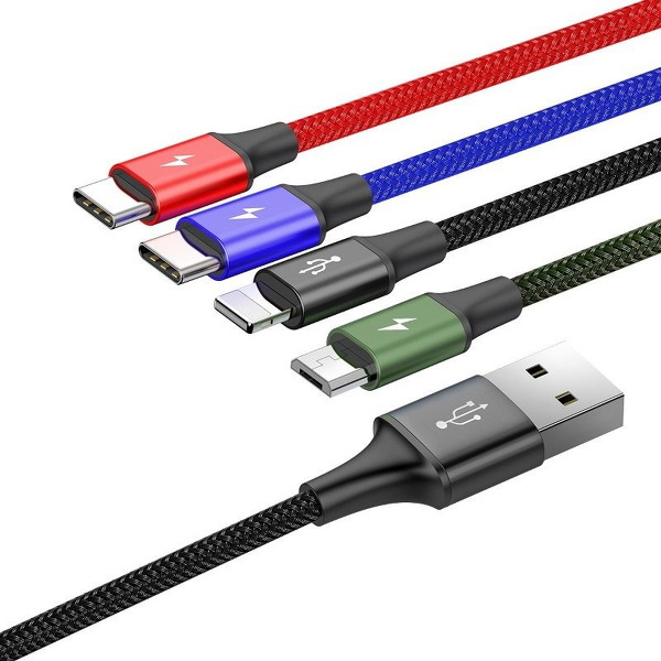 Zdjęcie produktu: Kabel przewód pleciony USB 4w1 Baseus - 2 x USB TYP-C, Lightning, micro USB 120cm 3,5A - czarny (CA1T4-B01)