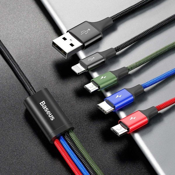 Zdjęcie produktu: Kabel przewód pleciony USB 4w1 Baseus - USB TYP-C, Lightning, 2 x micro USB 120cm 3,5A - czarny (CA1T4-C01)