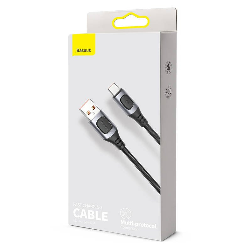 Kabel przewód USB Typ-C 200cm Baseus Flash QC 3.0, Huawei SCP, Samsung AFC, PD, 5A - szary (CATSS-B0G)