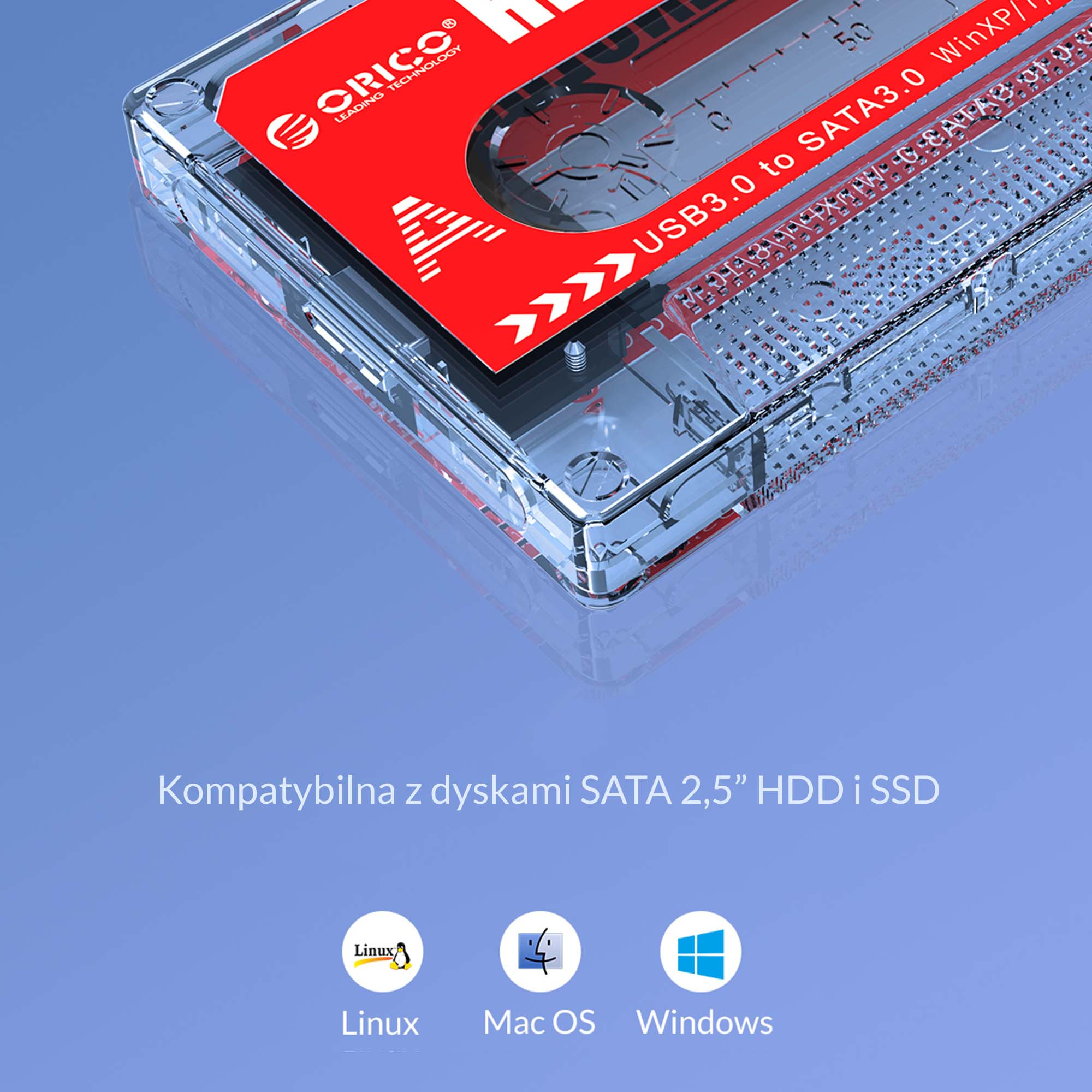 Obudowa zewnętrzna na dysk 2,5" HDD/SSD ORICO, kaseta, SATA III, USB-A 3.1 5Gbps (2580U3-CR-EP)