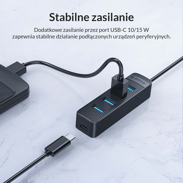 Zdjęcie produktu: Hub 4x USB 3.1 ORICO 5 Gbps USB-A aktywny 15 cm przewód (TWU3-4A-BK-EP)