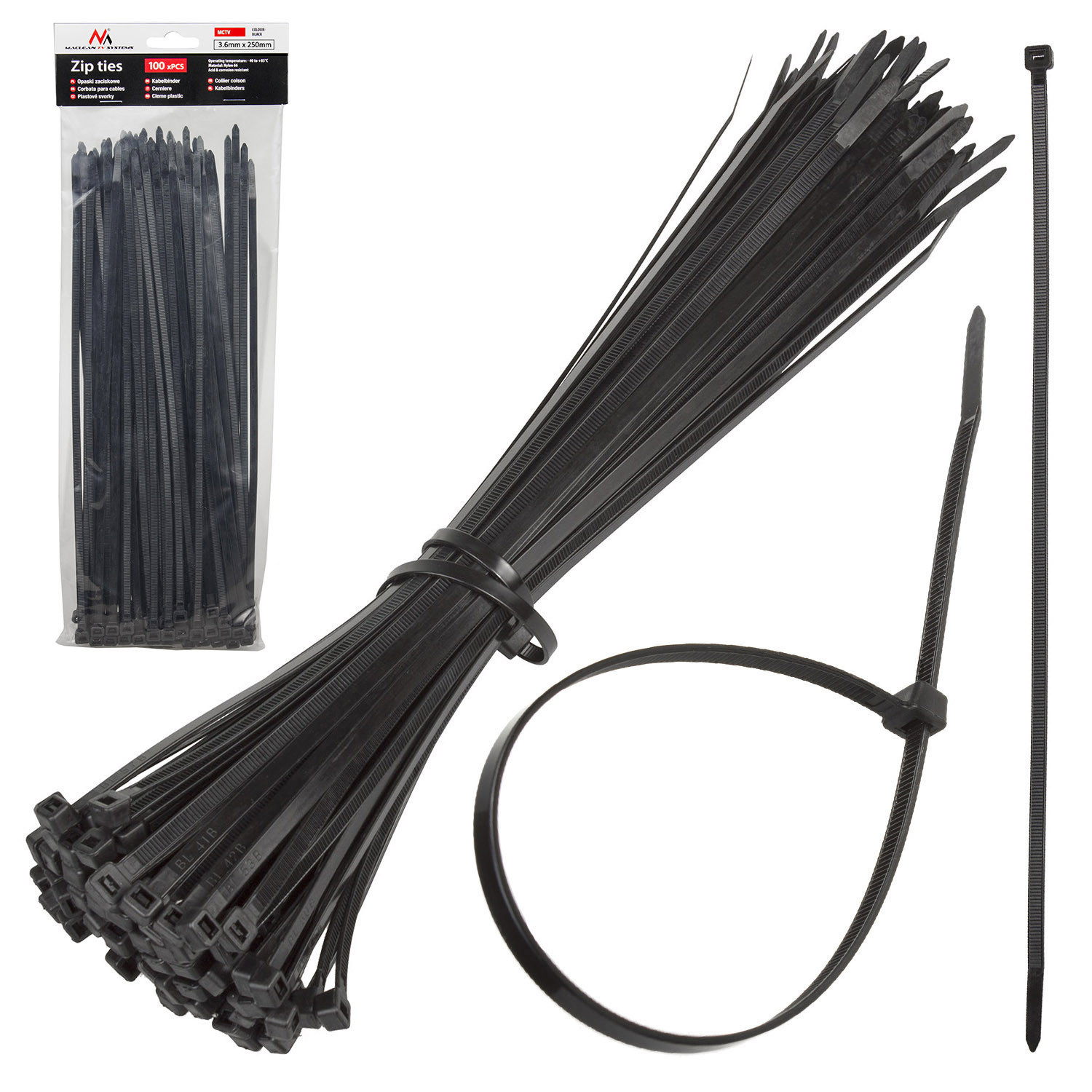 Opaski zaciskowe/trytytki Maclean, 3.6x250mm, Odporna na UV, Temp. użytkowania - 40 +85 st. C, 100 sztuk, Czarne, MCTV-463 B Opaski zaciskowe/trytytki Maclean, 3.6x250mm, Odporna na UV, Temp. użytkowania - 40 +85 st. C, 100 sztuk, Czarne, MCTV-463 B