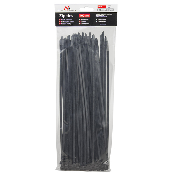 Zdjęcie produktu: Opaski zaciskowe/trytytki Maclean, 3.6x250mm, Odporna na UV, Temp. użytkowania - 40 +85 st. C, 100 sztuk, Czarne, MCTV-463 B Zdjęcie produktu: Opaski zaciskowe/trytytki Maclean, 3.6x250mm, Odporna na UV, Temp. użytkowania - 40 +85 st. C, 100 sztuk, Czarne, MCTV-463 B
