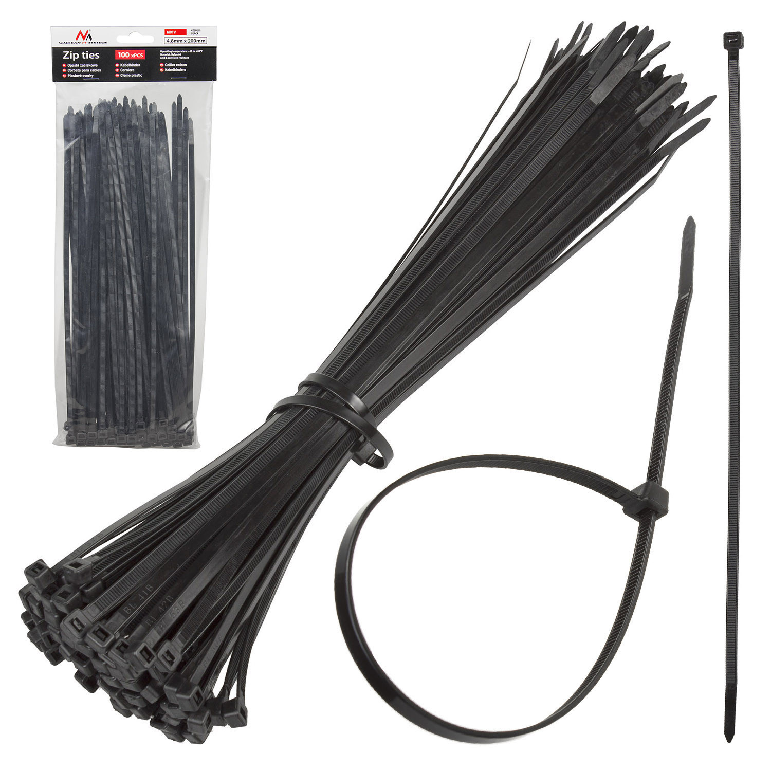 Opaski zaciskowe/trytytki Maclean, 4.8x200mm, Odporna na UV, Temp. użytkowania - 40 +85 st. C, 100 sztuk, Czarne, MCTV-464 B