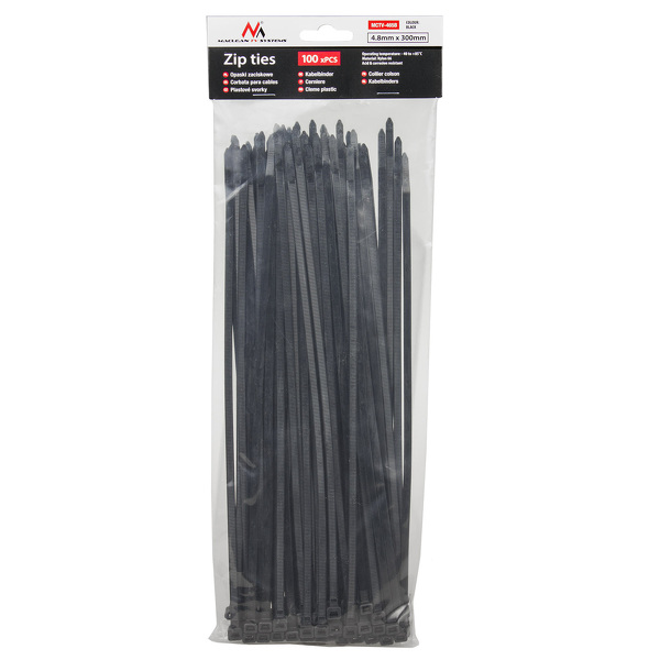 Zdjęcie produktu: Opaski zaciskowe/trytytki Maclean, 4.8x300mm, Odporna na UV, Temp. użytkowania - 40 +85 st. C, 100 sztuk, Czarne, MCTV-465 B