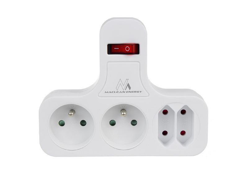 Zdjęcie produktu: Gniazdko prądowe Maclean, Poczwórne z wyłącznikiem, Nóżką stabilizującą, Typu E, 2x2,5A, 2x16A, MCE224