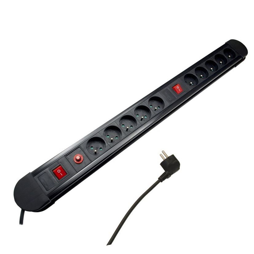 Listwa zasilająca Maclean, przedłużacz 10 gniazd, 2 włącznikami, zabezpieczenie i sygnalizacja przeciążenia, 3680W, MCE10