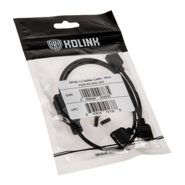 Zdjęcie produktu: Kolink rozgałęziacz oświetlenia 2x ARGB 3-pin LED 30cm z adapterem męski / żeński, czarny Zdjęcie produktu: Kolink rozgałęziacz oświetlenia 2x ARGB 3-pin LED 30cm z adapterem męski / żeński, czarny