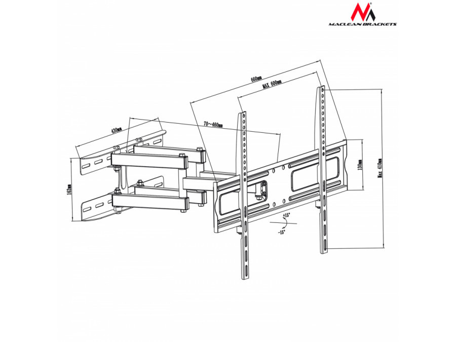 Uchwyt do telewizora lub monitora Maclean, uniwersalny, max. VESA 600x400, 37-70", do 30kg, czarny, (MC-762)