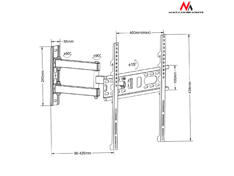 Zdjęcie produktu: Uchwyt do telewizora lub monitora Maclean, uniwersalny, max. VESA 400x400, 26-55", do 30kg, czarny, (MC-761)