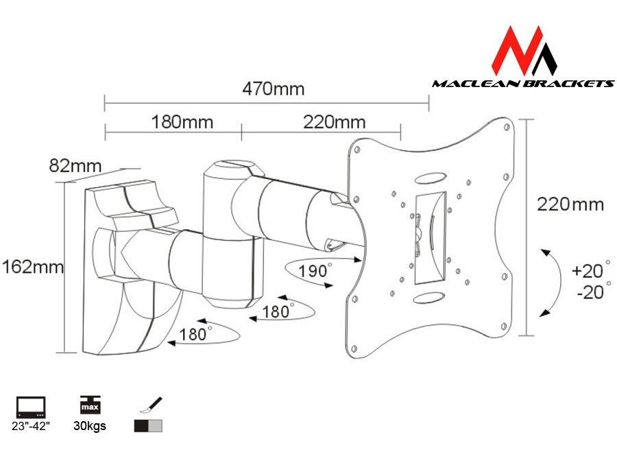 Uchwyt do telewizora lub monitora Maclean, uniwersalny, max. VESA 200x200, 23-42", do 30 kg, srebrny (MC-503A S)