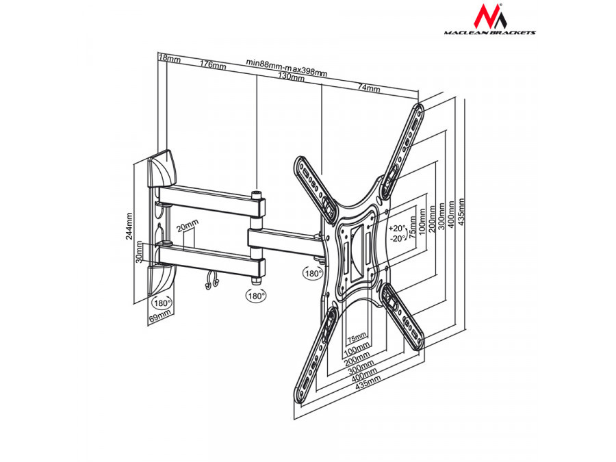 Uchwyt do telewizora lub monitora Maclean, uniwersalny, max. VESA 400x400, 23-55", do 30kg, Czarny, (MC-701)