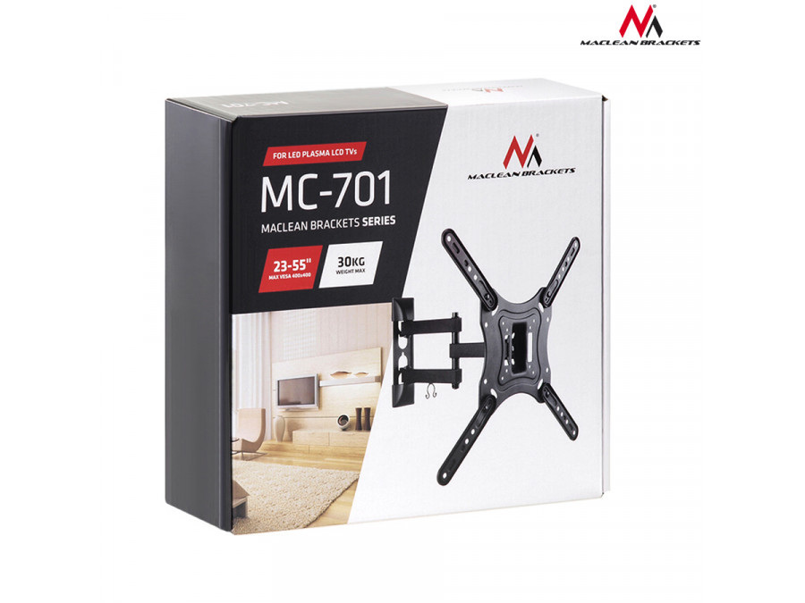 Uchwyt do telewizora lub monitora Maclean, uniwersalny, max. VESA 400x400, 23-55", do 30kg, Czarny, (MC-701)