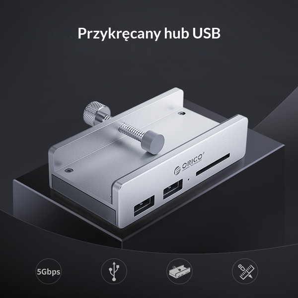 Zdjęcie produktu: Hub 2x USB 3.1 ORICO + czytnik kart SD biurkowy (MH2AC-U3-SV-BP)