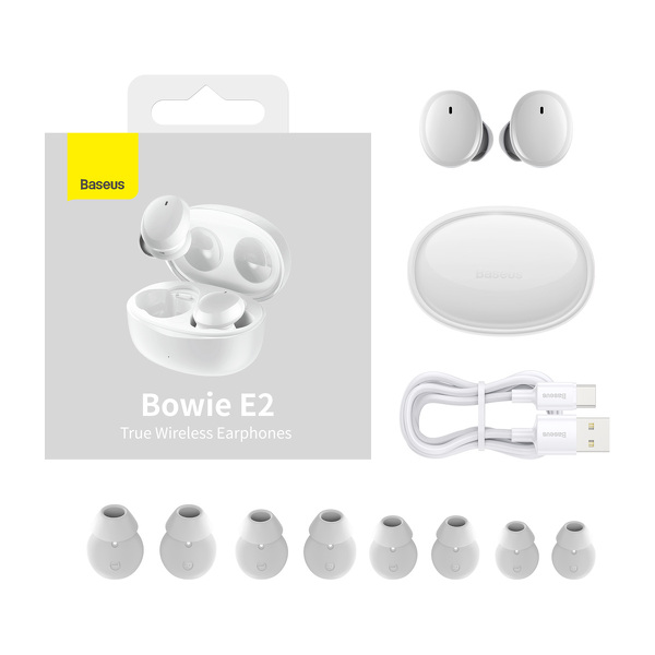 Zdjęcie produktu: Słuchawki bezprzewodowe TWS Baseus Bowie E2, ładowanie indukcyjne, Bluetooth 5.2 - białe (NGTW090002)