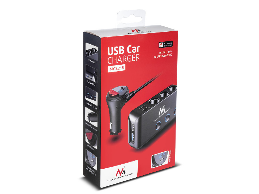 Rozdzielacz gniazda zapalniczki samochodowej Maclean, woltomierz, 3 gniazda zapalniczki, 1xQC 3.0, 3xUSB, 6.8A, 1xPD 18W, max 12 (MCE218)