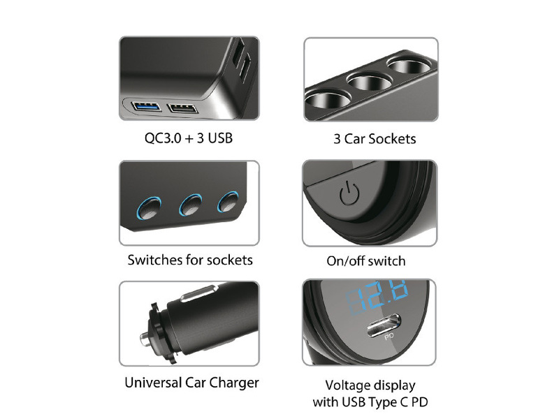 Zdjęcie produktu: Rozdzielacz gniazda zapalniczki samochodowej Maclean, woltomierz, 3 gniazda zapalniczki, 1xQC 3.0, 3xUSB, 6.8A, 1xPD 18W, max 12 (MCE218)